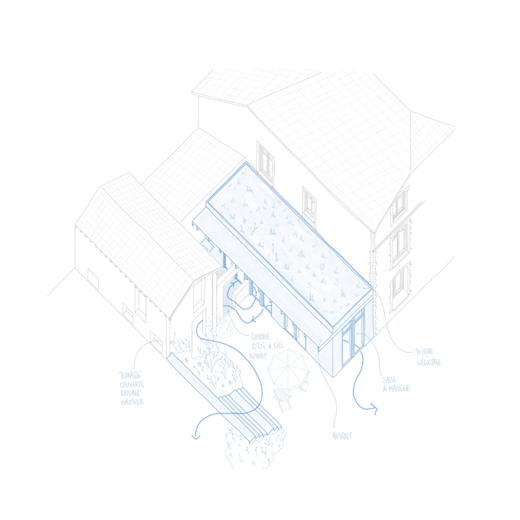 Dessin à la main pour la rénovation d'une maison et une extension en ossature bois, à Nancy