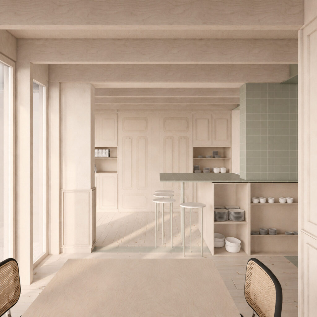 Rénovation, aménagement intérieur cuisine sur mesure intégrée et extension ossature bois pour une maison unifamiliale maison de maître proche de Nancy.